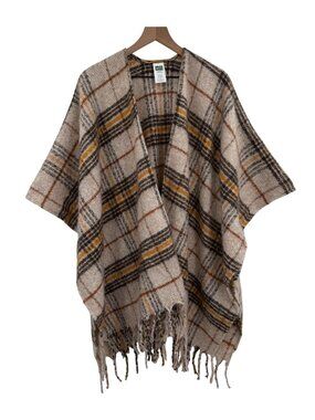 Woolrich Women's Plaid Blanket Wrap Poncho Shawl One Size Beige Cabincore